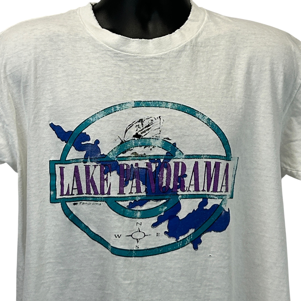 Vintage 90s Distressed Lake Panorama Iowa T Shirt White Nautical Unisex L Large